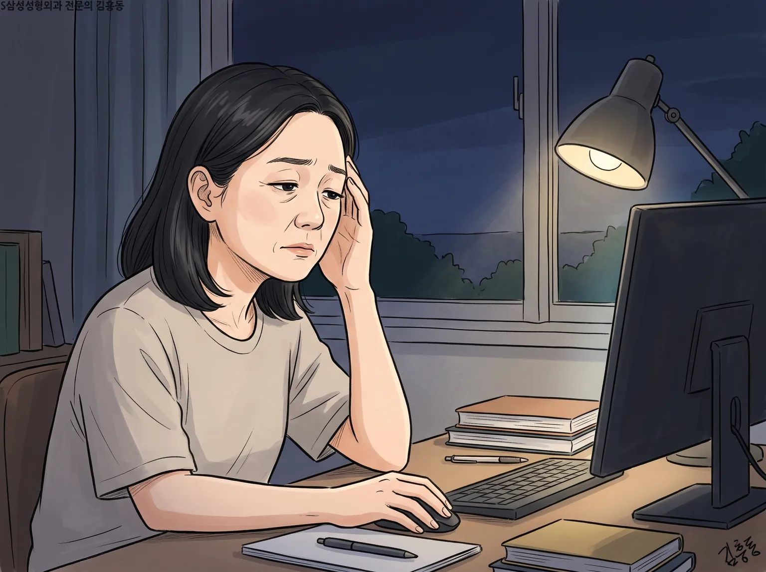 밤에 스탠드를 켠 책상에서 컴퓨터를 보며 눈썹 옆을 손으로 짚은 여성의 모습