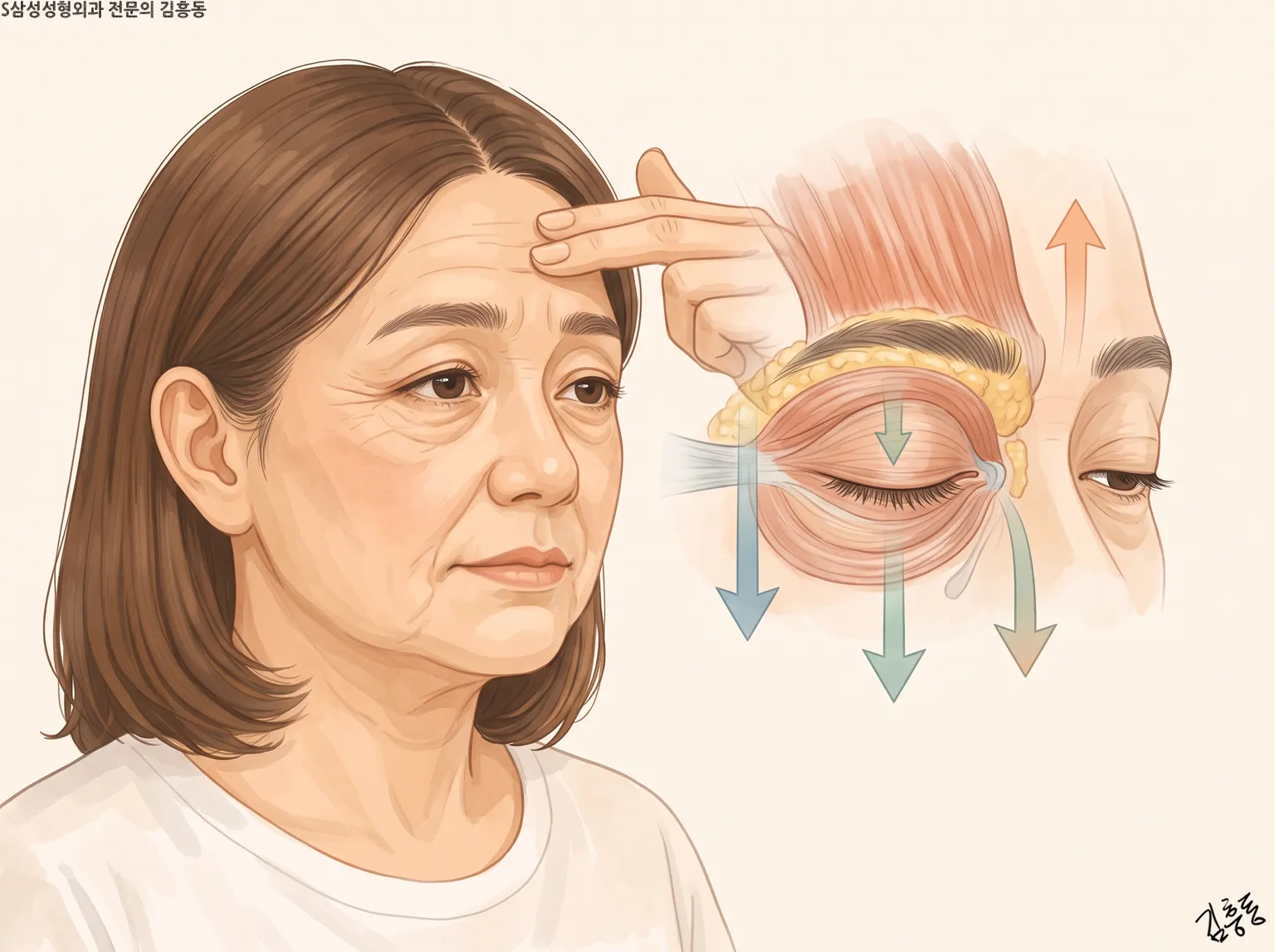 이마에 손가락을 댄 여성 얼굴 옆에 눈 둘레 근육과 위아래 화살표를 크게 그린 그림