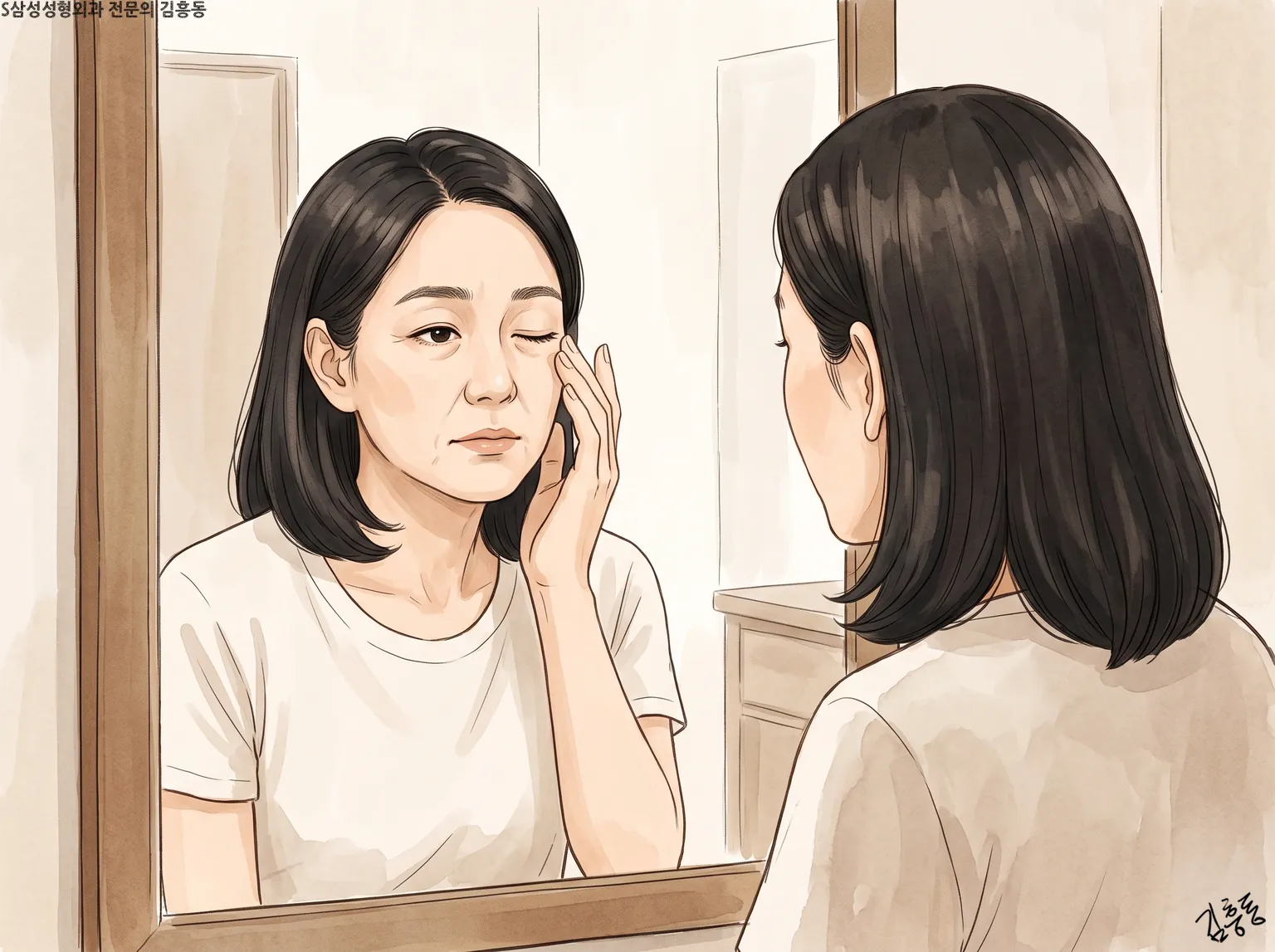 거울 앞에서 한쪽 눈을 감고 눈가에 손끝을 대고 있는 검은 머리 여성의 모습