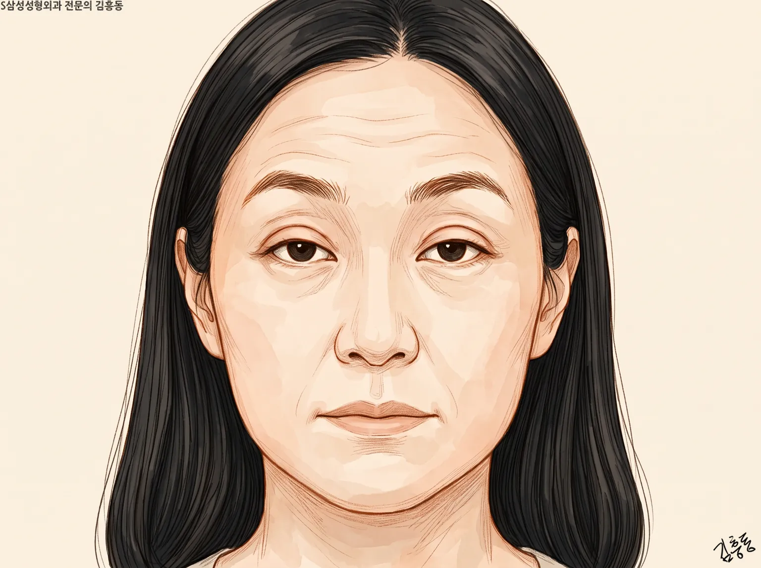 이마에 가로 주름이 있고 윗눈꺼풀이 눈동자 위쪽을 덮은 여성의 정면 얼굴 그림