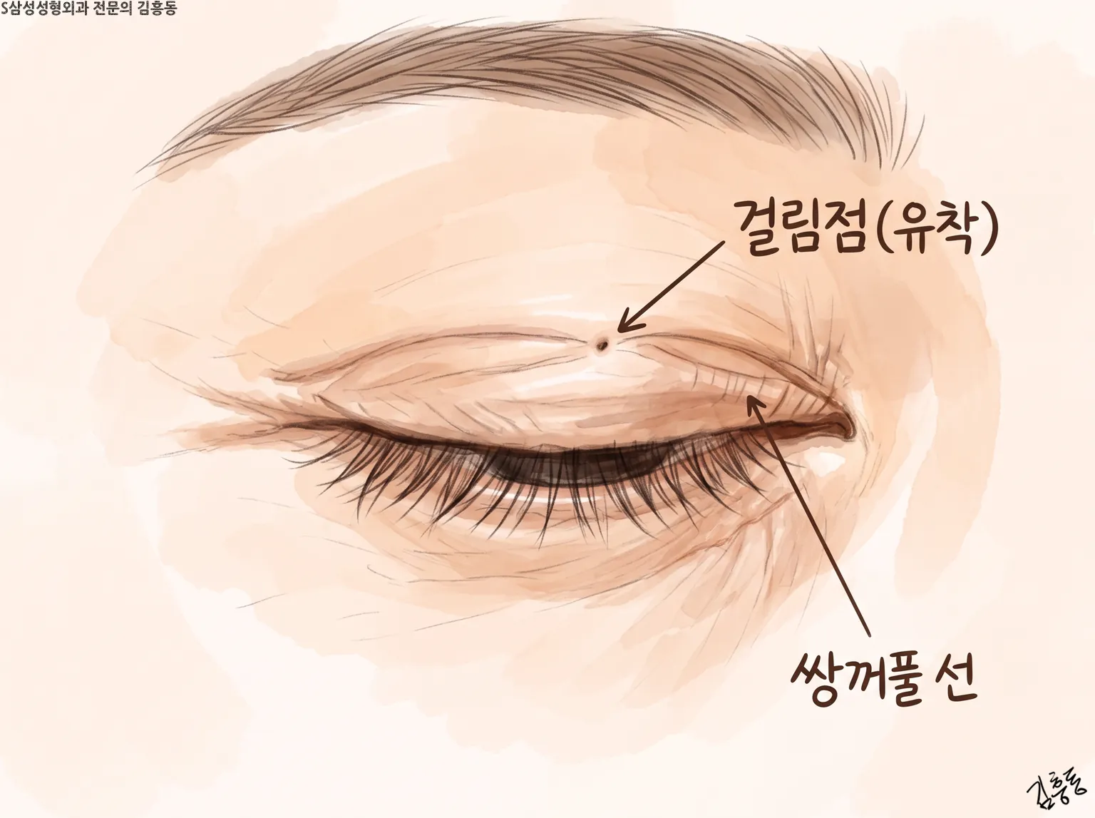 거의 감은 눈의 윗눈꺼풀에 걸림점(유착)과 쌍꺼풀 선을 화살표로 표시한 그림