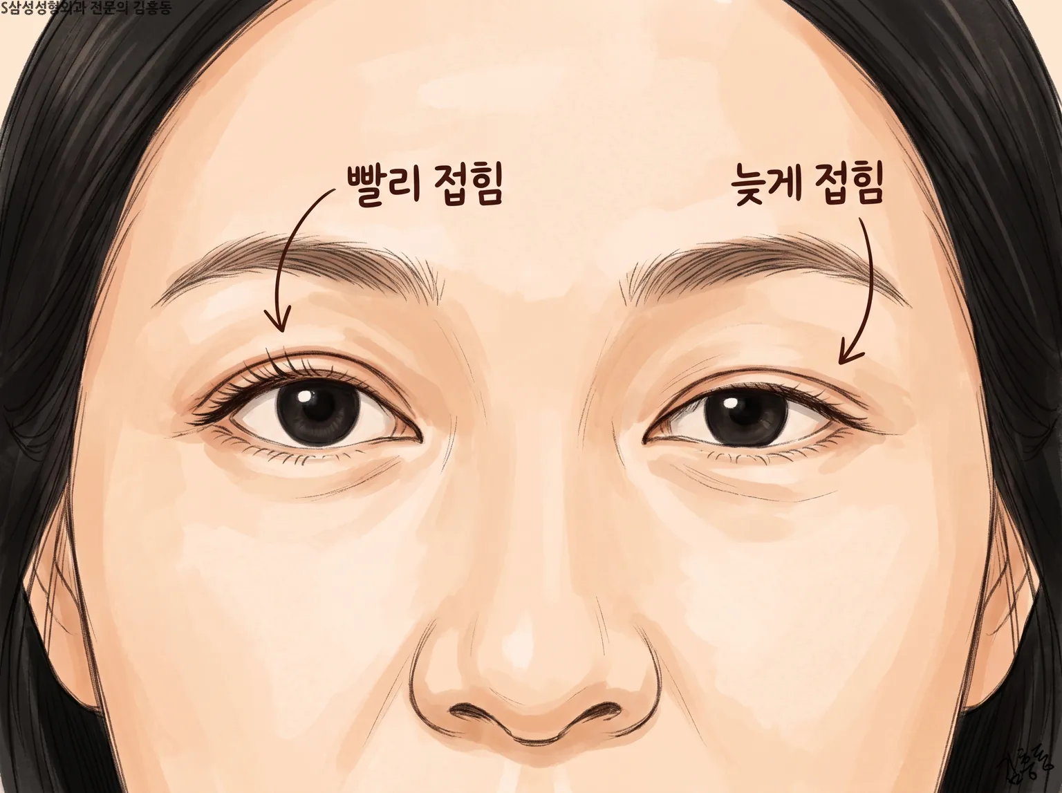 한쪽 눈에는 빨리 접힘, 다른 쪽 눈에는 늦게 접힘이라고 표시한 두 눈 그림