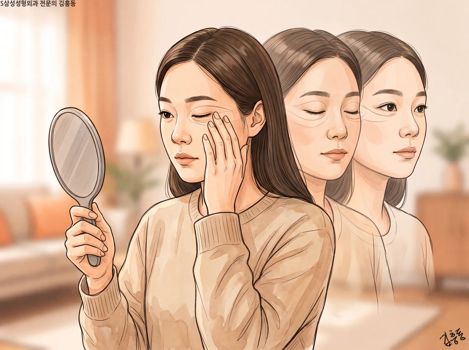 손거울을 들고 눈가에 손을 댄 여성 뒤로 같은 얼굴이 두 번 흐리게 겹쳐진 그림