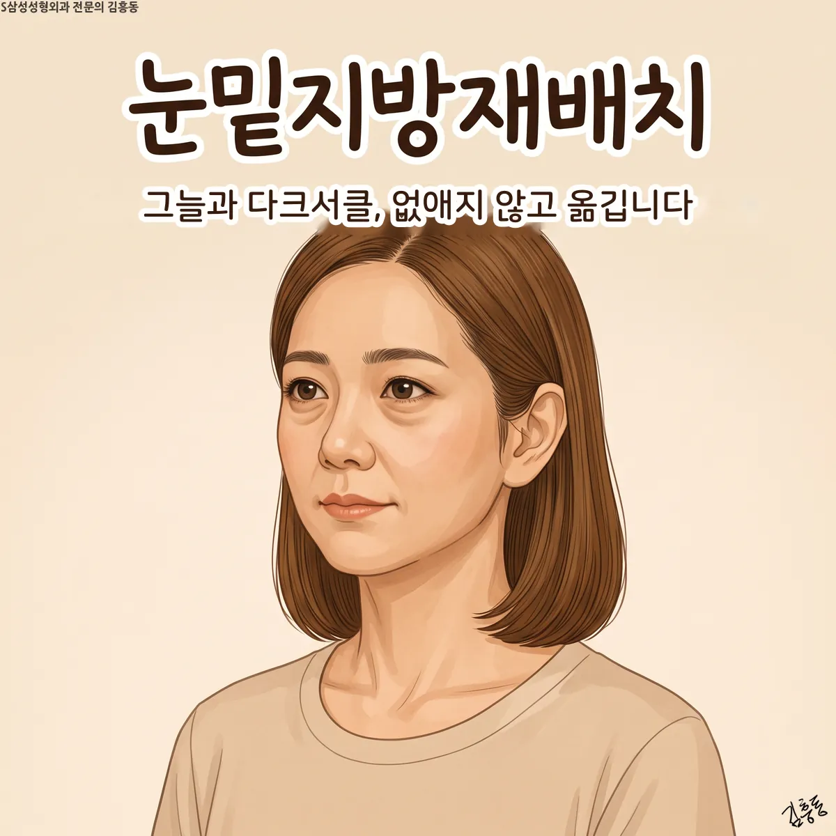 「눈밑지방재배치」라는 제목이 적힌, 단발머리 여성이 정면을 바라보는 얼굴 그림