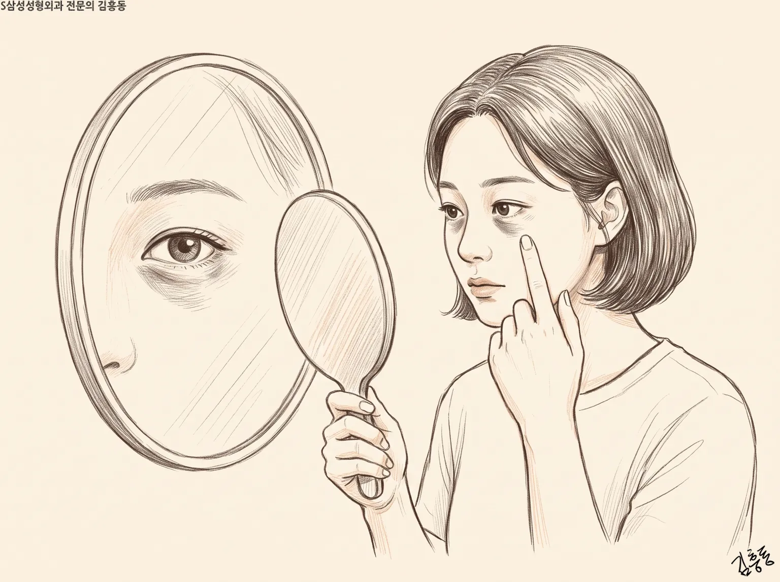 단발머리 여성이 손거울을 들고 눈밑 어두운 자리를 손끝으로 짚어 보는 스케치 그림