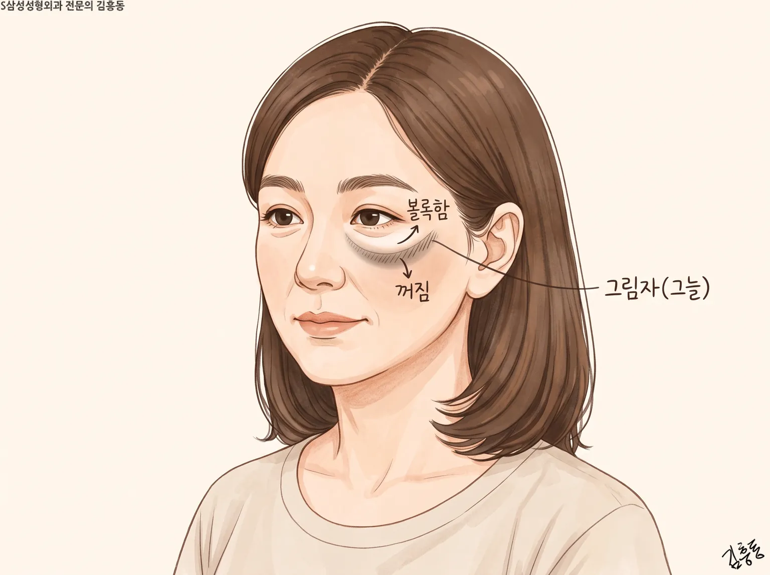 눈밑에 볼록함 · 꺼짐 · 그림자(그늘) 이름표와 화살표를 붙인 여성 얼굴 그림