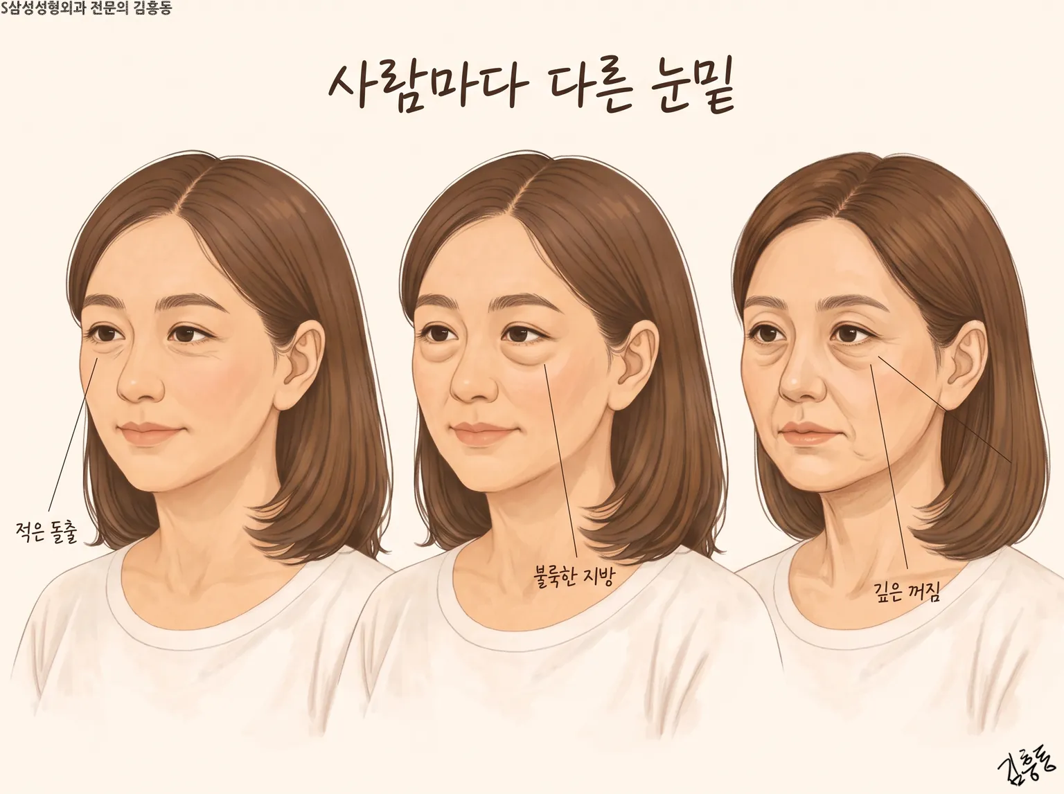 「사람마다 다른 눈밑」이라는 제목이 적힌, 적은 돌출 · 불룩한 지방 · 깊은 꺼짐의 세 얼굴 그림