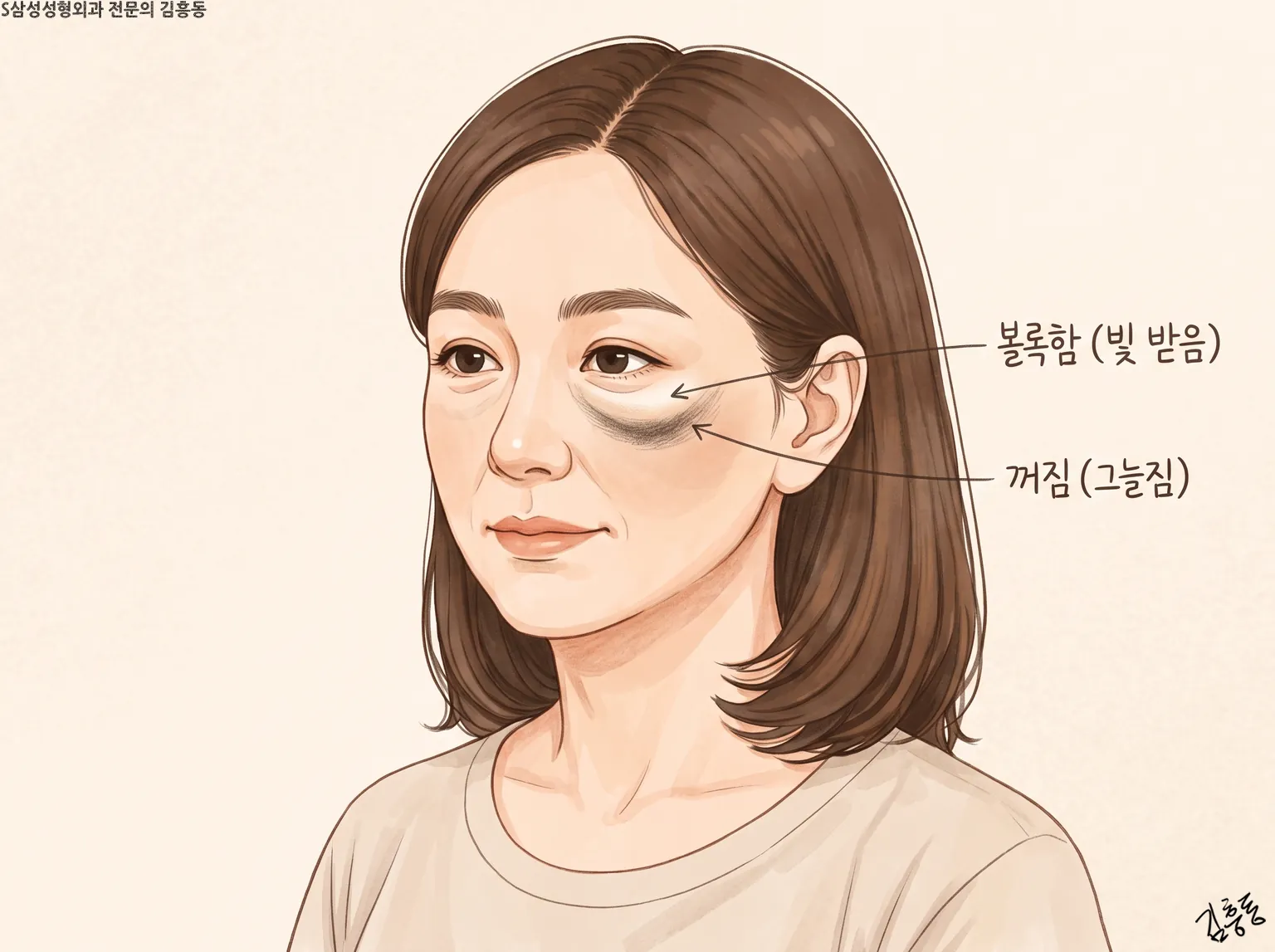눈밑에 볼록함(빛 받음)과 꺼짐(그늘짐) 이름표를 붙여 명암을 나눈 여성 얼굴 그림