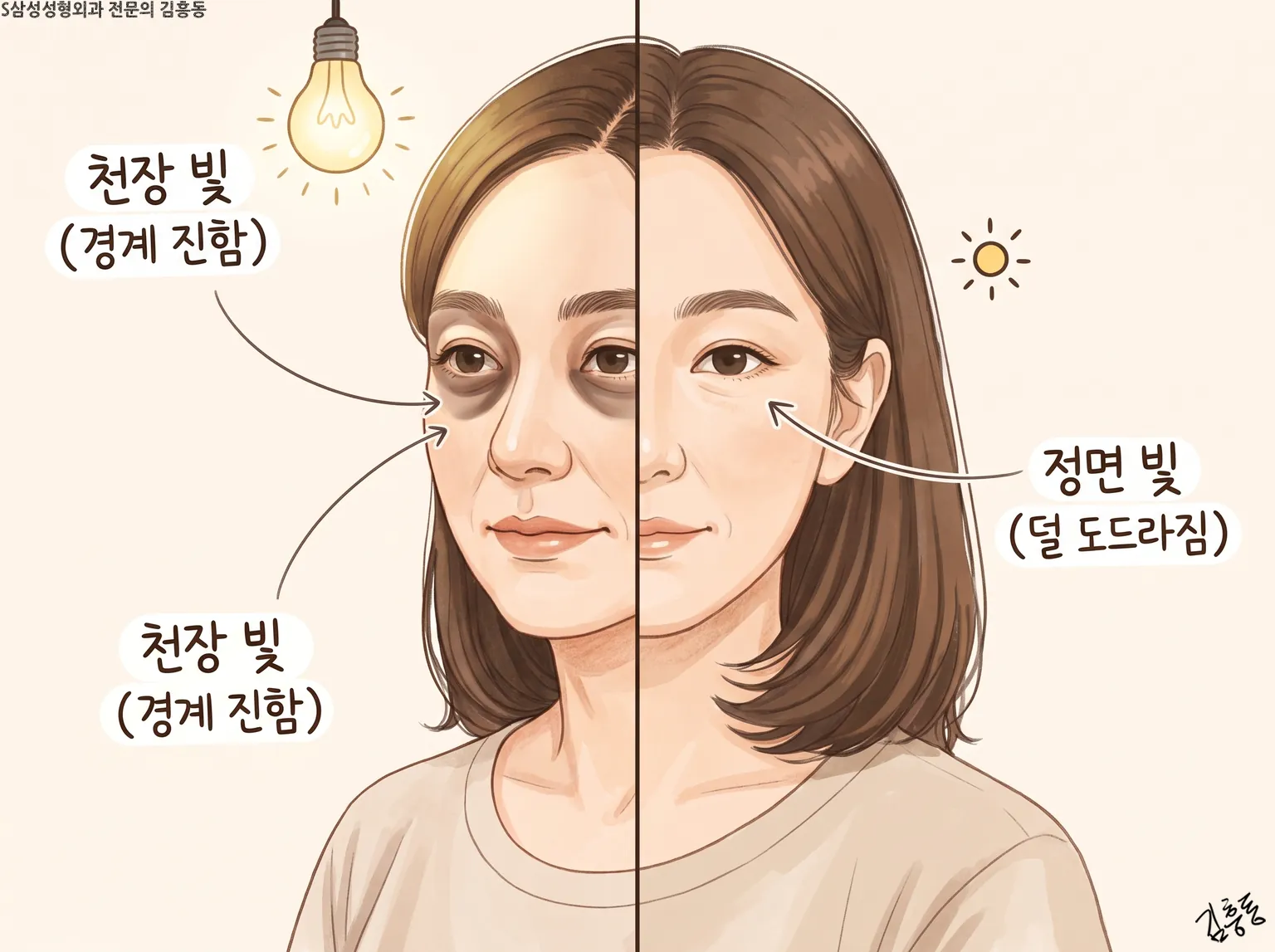 얼굴을 반으로 나눠 천장 빛과 정면 빛에서 달라지는 눈밑그늘을 견준 그림