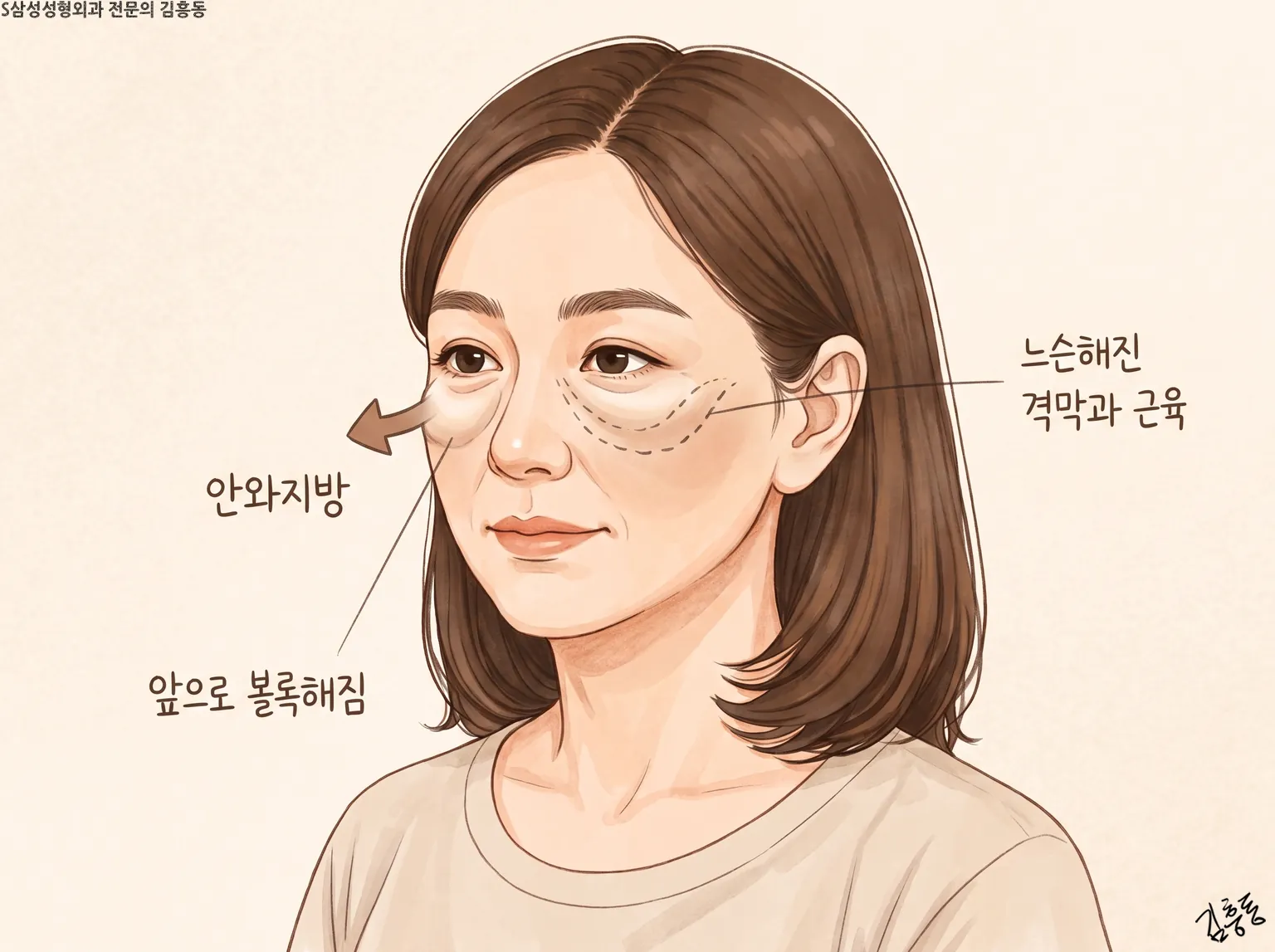 안와지방이 앞으로 볼록해지고 느슨해진 격막과 근육을 점선으로 표시한 얼굴 그림