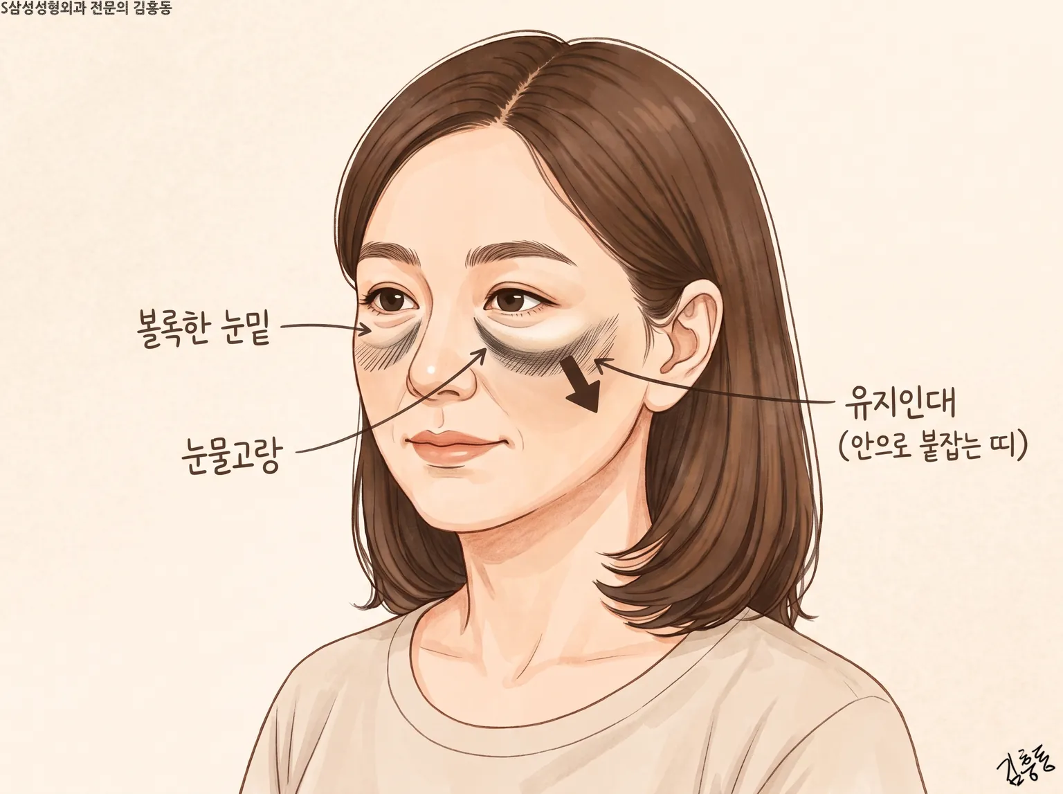 볼록한 눈밑 · 눈물고랑 · 유지인대(안으로 붙잡는 띠) 이름표가 붙은 여성 얼굴 그림