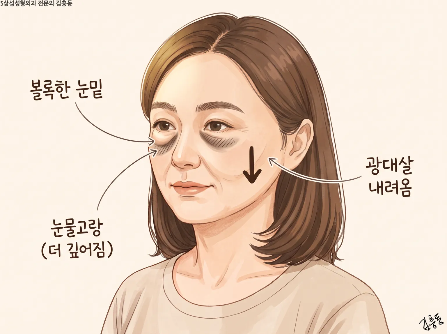 볼록한 눈밑, 더 깊어진 눈물고랑, 아래로 내려온 광대살을 화살표로 표시한 얼굴 그림