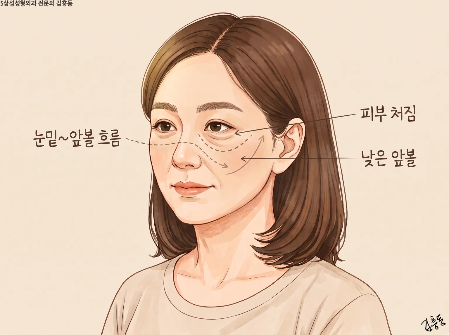 눈밑~앞볼 흐름을 점선으로 잇고 피부 처짐 · 낮은 앞볼 이름표를 붙인 얼굴 그림