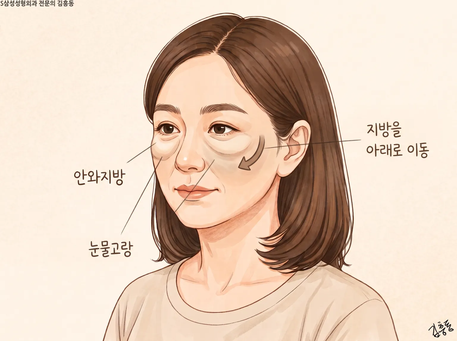 안와지방과 눈물고랑 이름표 옆에 지방을 아래로 이동하는 화살표를 그린 얼굴 그림