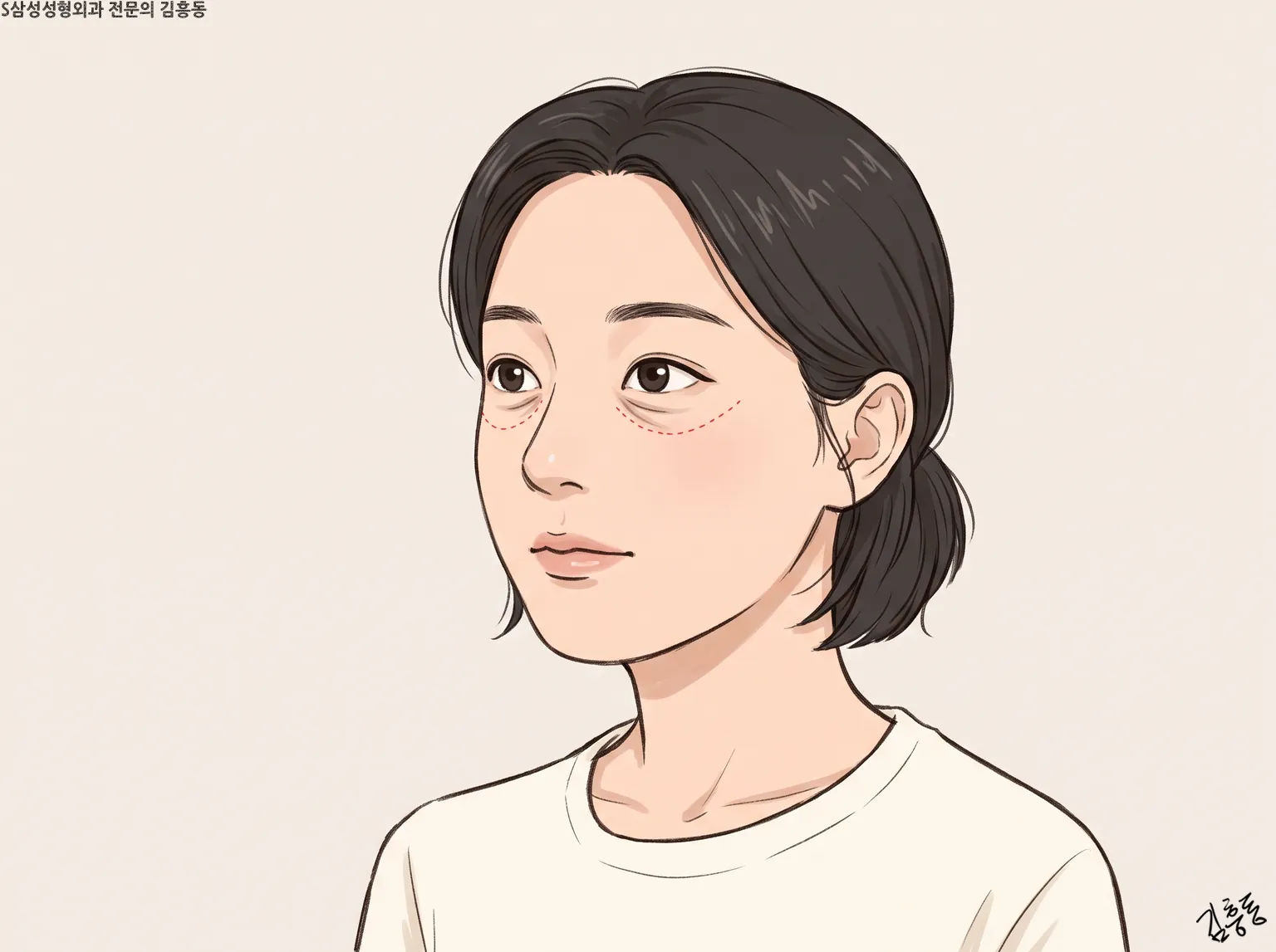 눈밑 그늘은 옅고 눈물고랑 자리만 점선으로 남은, 옆을 바라보는 여성 얼굴 그림