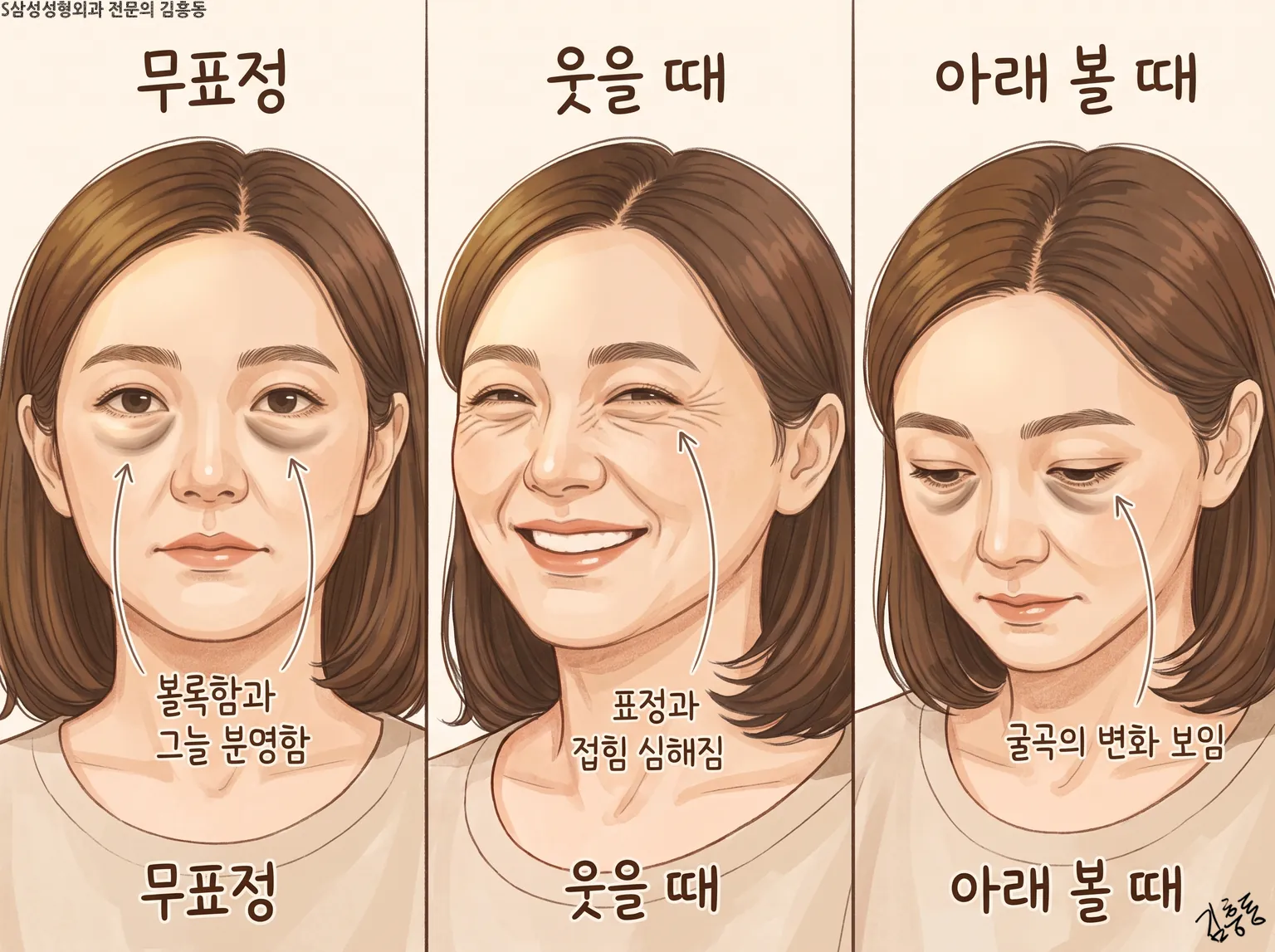 무표정 · 웃을 때 · 아래 볼 때로 나눠 세 얼굴의 눈밑 모양을 나란히 보인 그림