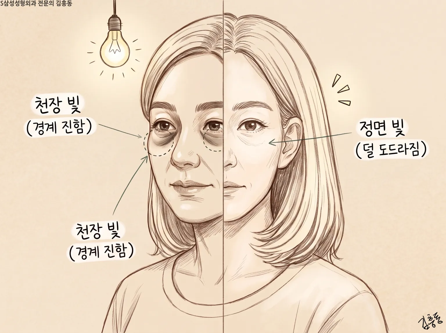 얼굴을 반으로 나눠 천장 빛과 정면 빛 아래 눈밑그늘의 짙기를 견준 스케치 그림