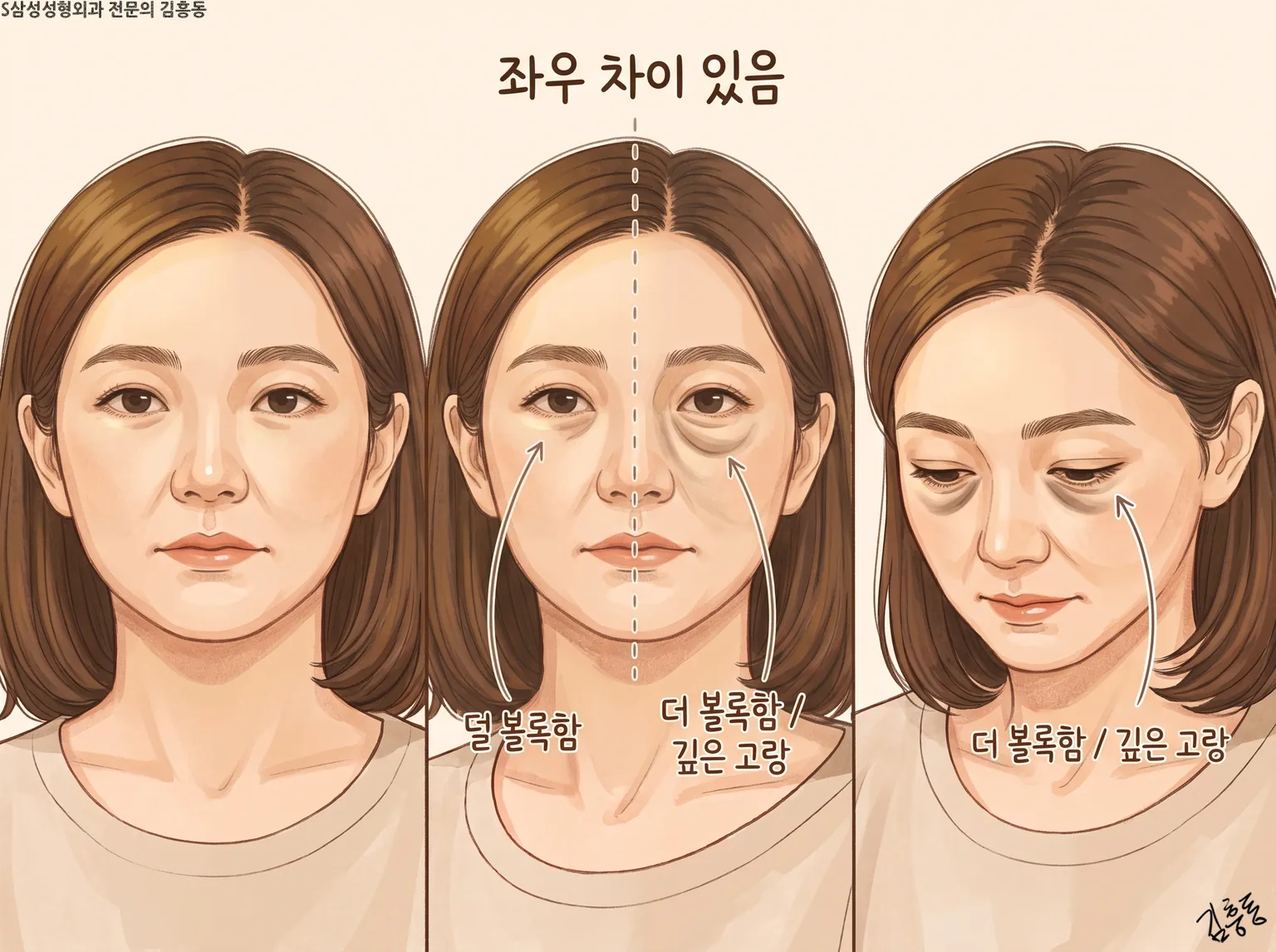 「좌우 차이 있음」이라는 제목이 적힌, 덜 볼록함과 더 볼록함 · 깊은 고랑을 견준 세 얼굴 그림