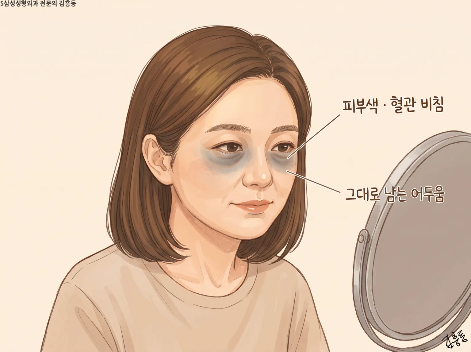 거울 앞 여성 눈밑에 피부색 · 혈관 비침, 그대로 남는 어두움 이름표를 붙인 그림