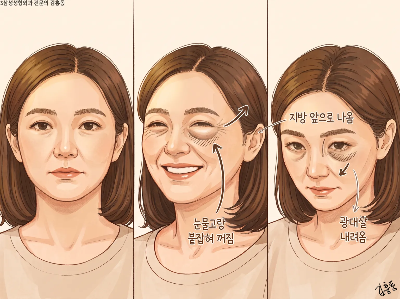 세 얼굴에 눈물고랑 붙잡혀 꺼짐 · 지방 앞으로 나옴 · 광대살 내려옴을 표시한 그림