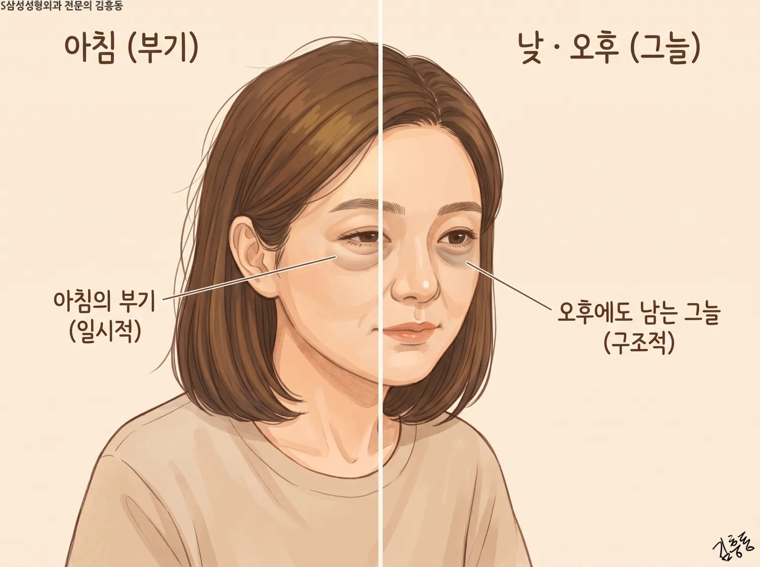 얼굴을 반으로 나눠 아침의 부기와 오후에도 남는 그늘을 견준 그림