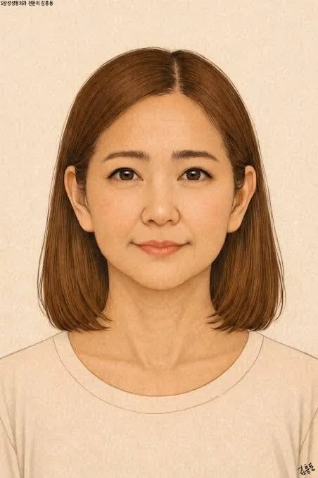 단발머리 여성이 편안한 표정으로 정면을 바라보는 세로 얼굴 그림