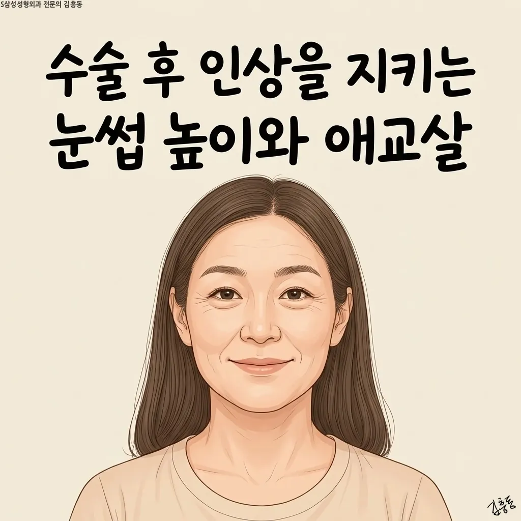 중년 여성의 얼굴 정면 일러스트, 눈썹 · 눈꺼풀 · 눈밑 세 자리에 작은 점 표시, 부드러운 색