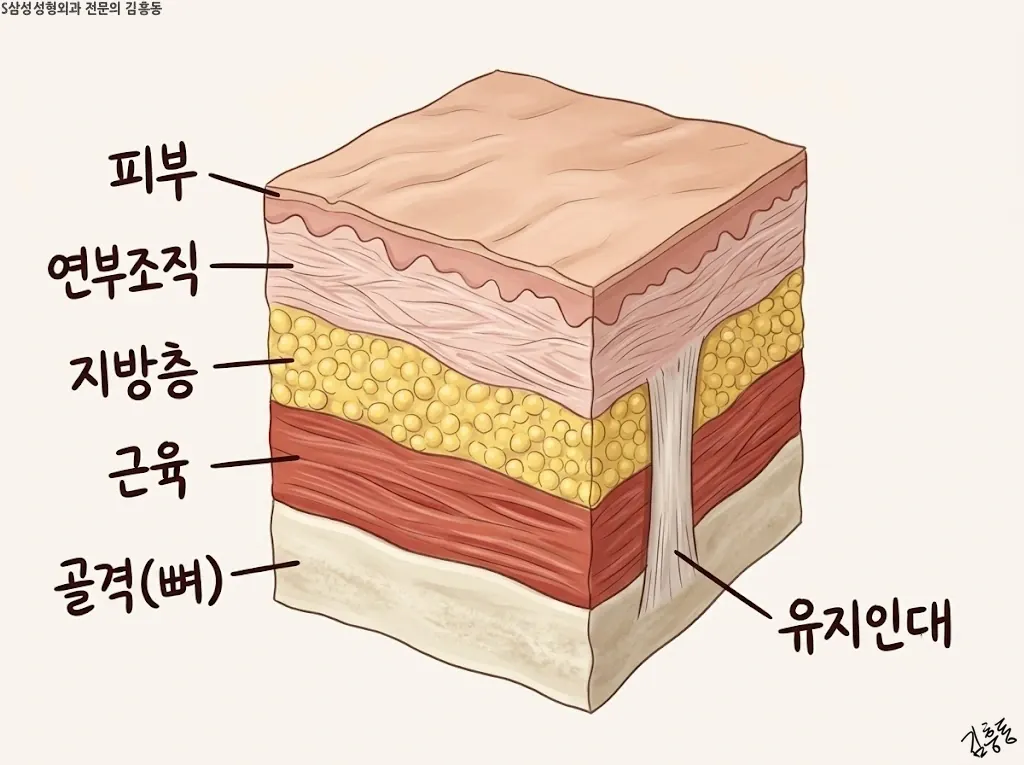 얼굴 피부의 단면 일러스트, 피부 · 지방층 · 근육 · 뼈가 겹겹이 쌓인 모습