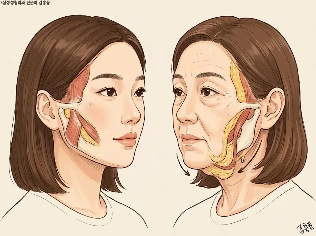 젊은 얼굴 단면과 나이 든 얼굴 단면에서 층들이 고무줄처럼 늘어나 아래로 흘러내린 모습, 뼈와 피부가 떨어지지는 않음