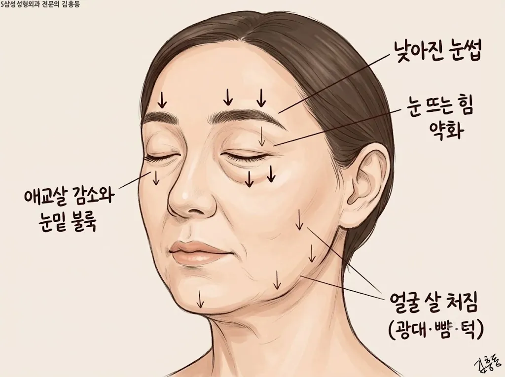 눈을 감은 중년의 눈 둘레 일러스트, 낮아진 눈썹과 불룩한 눈밑에 아래 방향 화살표 두 개
