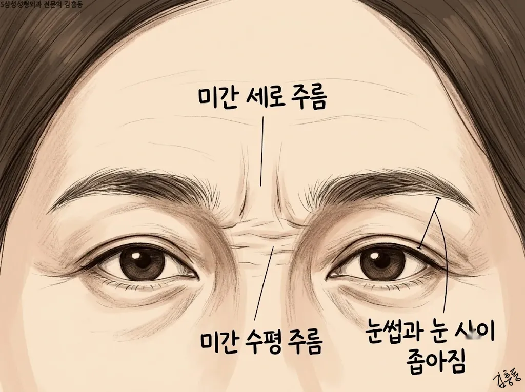 중년의 눈썹과 미간 일러스트, 세로 주름과 가로 주름, 눈썹과 눈 사이가 좁아진 모습