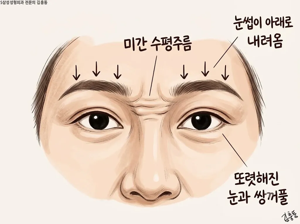 쌍꺼풀 수술 후 눈은 또렷하게 떠졌지만 눈썹이 아래로 내려와 눈과 가까워진 눈 둘레 일러스트