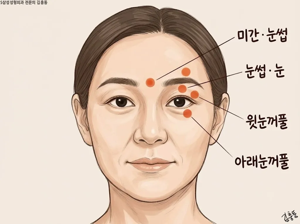 얼굴 정면 일러스트에 눈썹 · 미간 · 윗눈꺼풀 · 아래눈꺼풀 네 자리를 둥근 점으로 표시한 지도 같은 그림, 수술 결과 느낌 없이