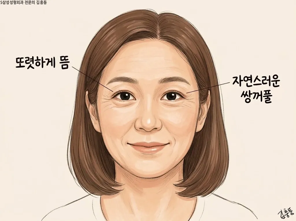 정면을 보는 눈 한 쪽 일러스트, 검은동자 윗부분까지 또렷하게 드러나고 쌍꺼풀 선은 가늘고 자연스러운 모습