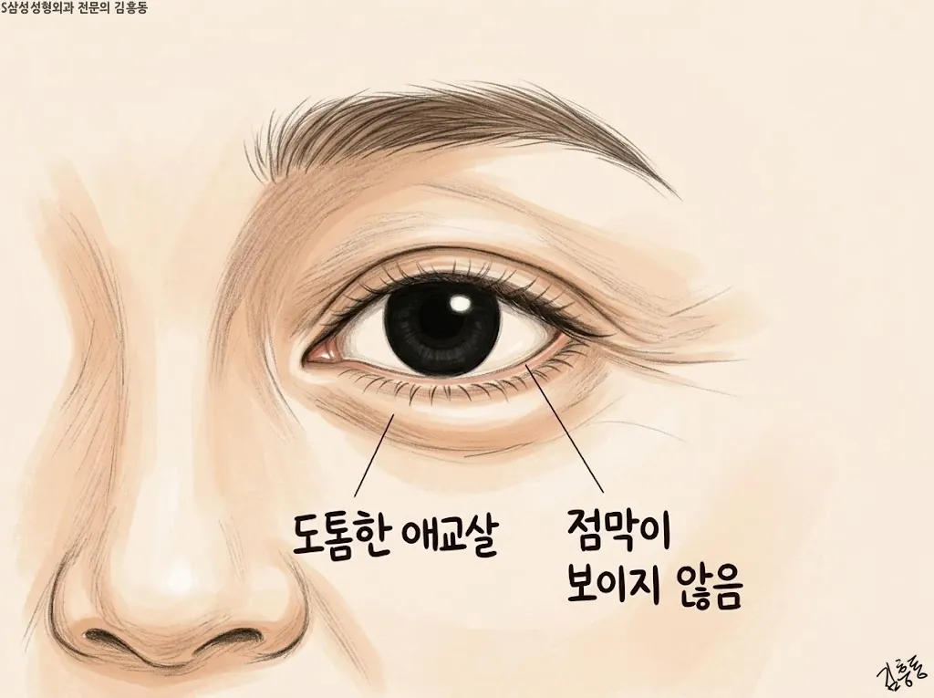 아래눈꺼풀 일러스트, 속눈썹 바로 아래에 도톰한 애교살이 살아 있고 점막은 보이지 않는 모습
