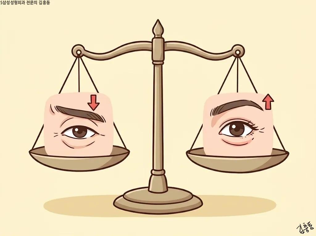 저울 일러스트, 한쪽에는 내려온 눈썹, 다른 쪽에는 올라간 눈썹과 애교살