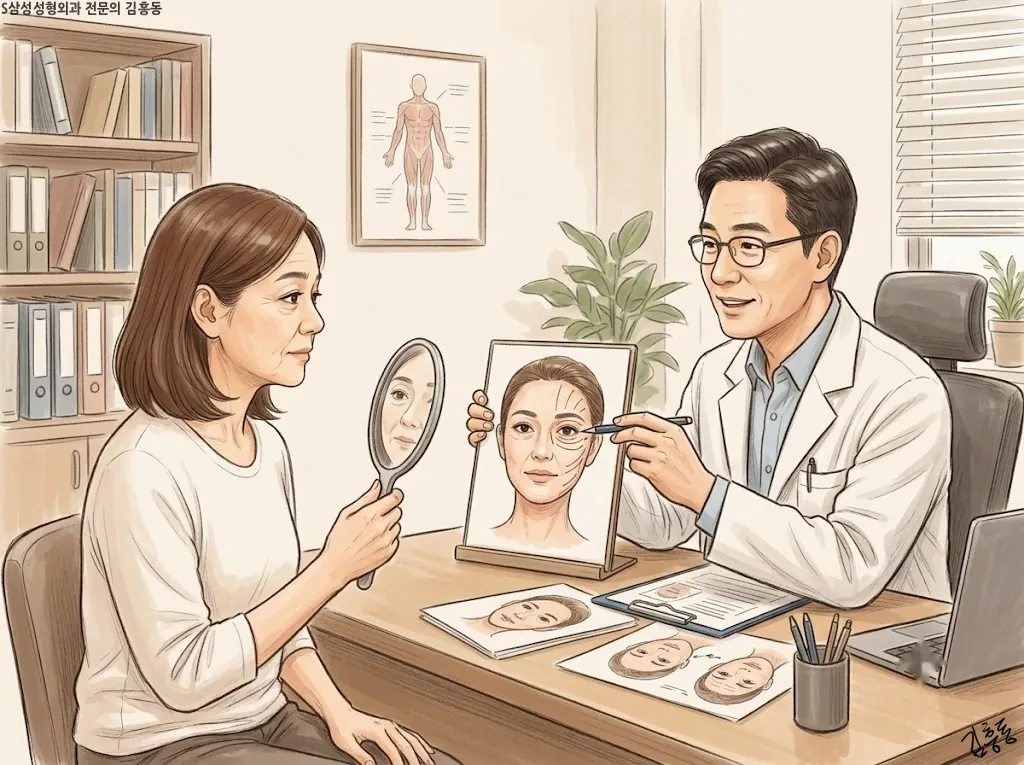 진료실에서 의사와 중년 환자가 거울과 얼굴 그림을 함께 보며 상담하는 장면 일러스트