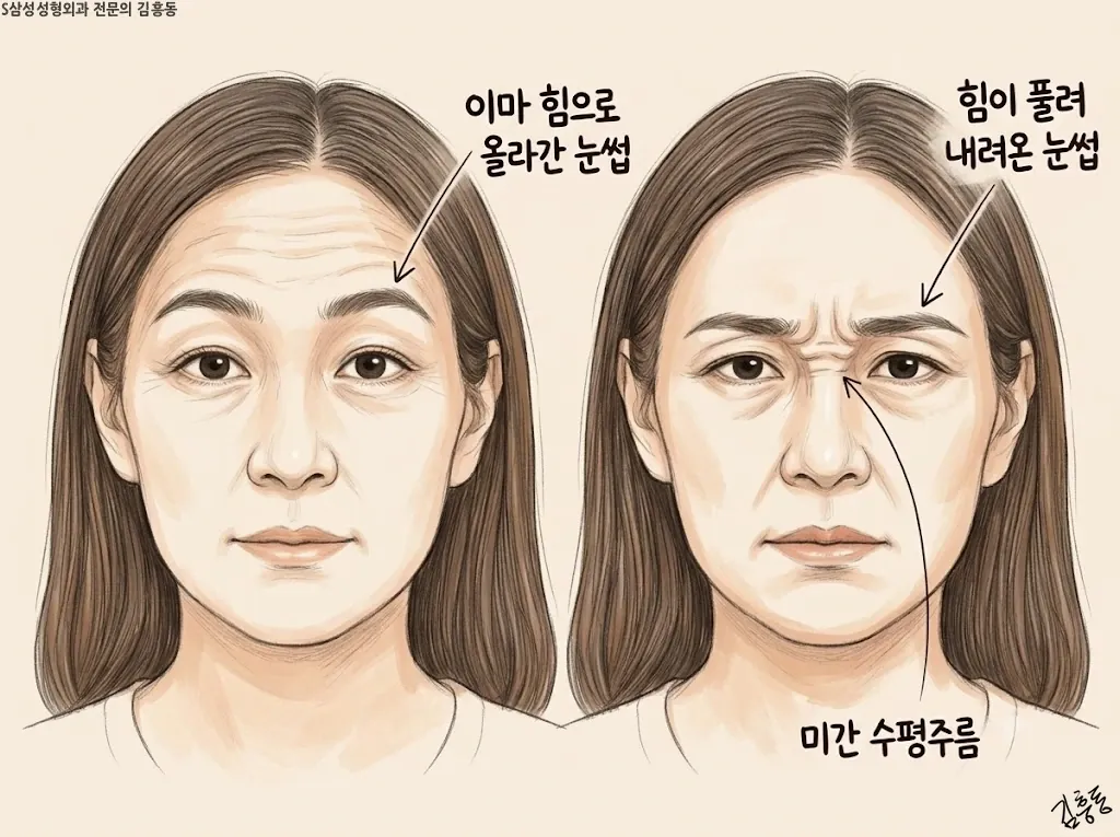 이마에 힘을 주어 눈썹이 올라간 얼굴과 힘을 뺀 뒤 눈썹이 내려온 얼굴 두 컷 일러스트