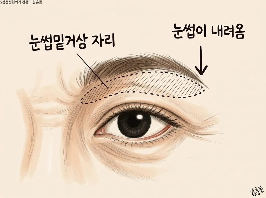 눈썹 바로 아래 피부 자리를 점선으로 표시한 윗눈꺼풀 일러스트