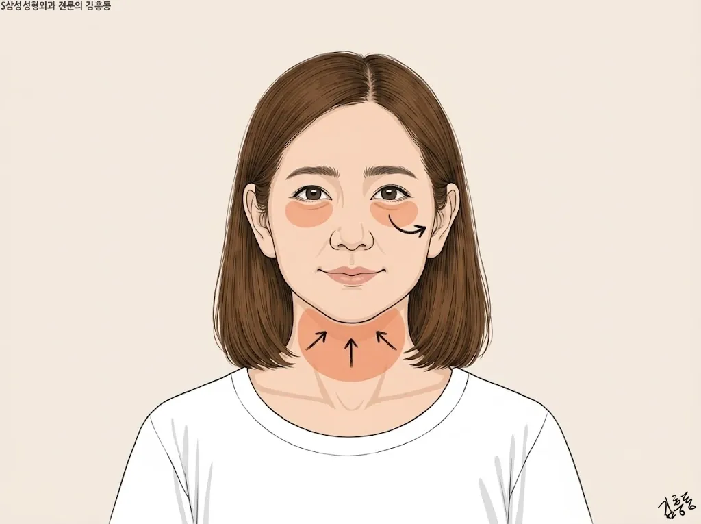얼굴 정면 일러스트, 눈밑과 턱밑 두 자리에 둥근 점 표시, 한쪽은 옆으로 옮기는 화살표 다른 쪽은 줄어드는 화살표