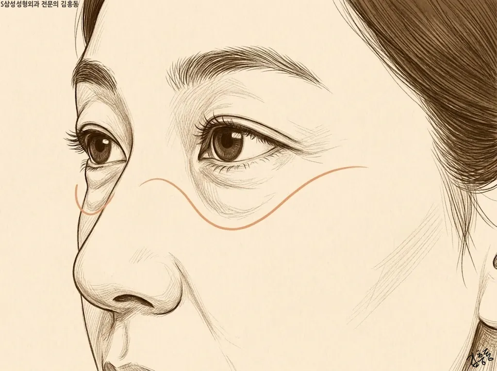 눈밑의 불룩한 곳과 바로 아래 꺼진 홈이 맞닿은 옆모습 일러스트, 높낮이를 완만한 곡선으로 표시