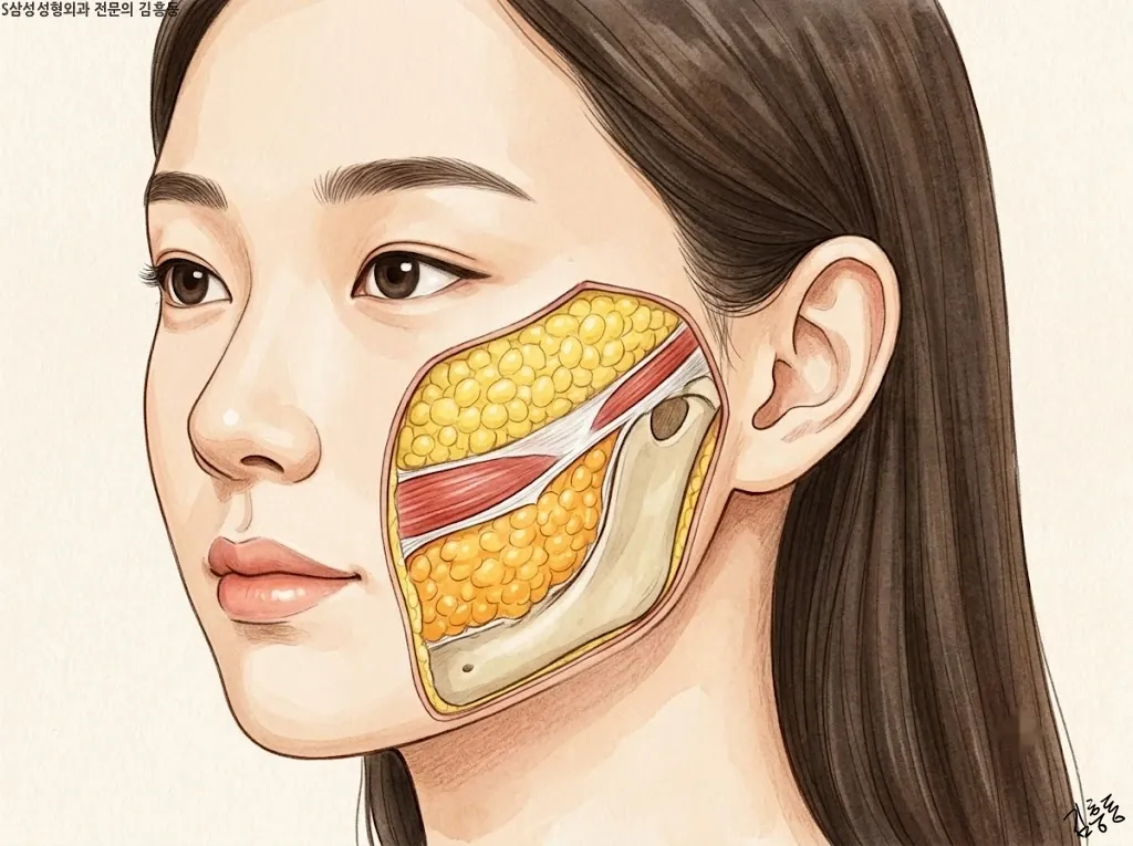 얼굴 볼 부위의 단면 일러스트, 피부 아래 얕은 지방층과 깊은 지방층이 근육과 막을 사이에 두고 나뉜 모습