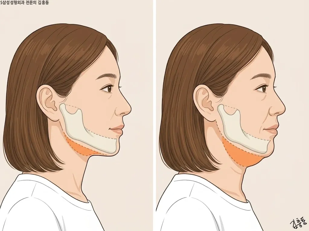 같은 부피의 지방이 피부 두께와 뼈 받침에 따라 겉에서 다르게 보이는 얼굴 옆모습 두 컷 일러스트
