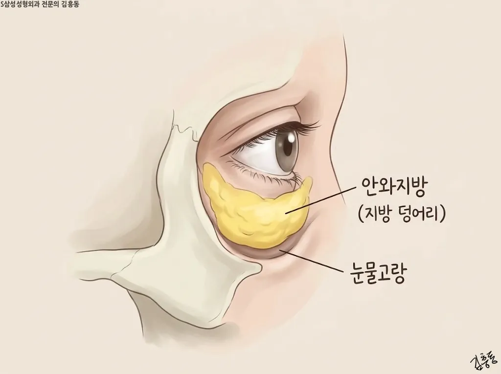 아래눈꺼풀 안와지방과 눈물고랑이 맞닿는 높낮이 단면