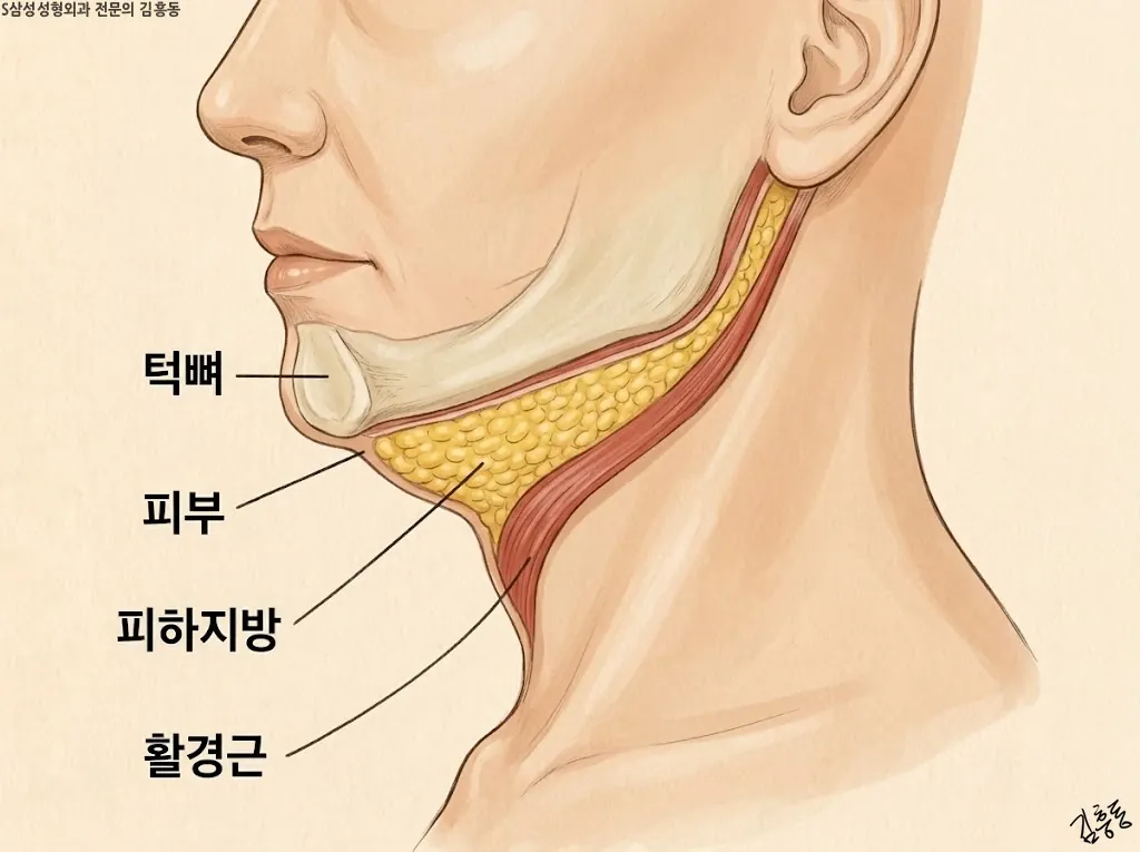 턱밑 피부와 피하지방, 활경근이 겹쳐 있는 측면 단면
