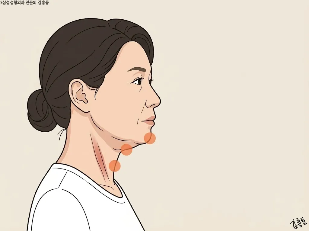 턱밑 옆모습 일러스트, 피부 여유 · 목 근육의 띠 · 뒤로 들어간 턱끝 세 자리를 점으로 표시