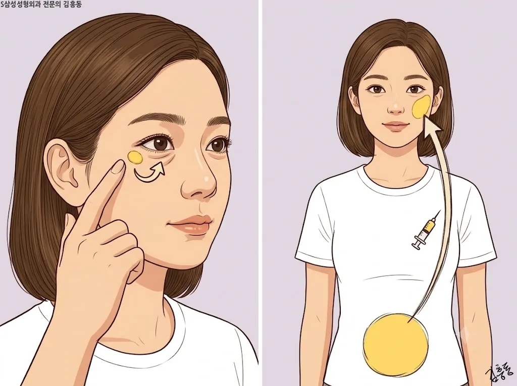 두 컷 일러스트, 왼쪽은 눈밑에서 가까운 자리로 지방이 옮겨지는 화살표, 오른쪽은 배에서 얼굴로 지방이 옮겨지는 화살표