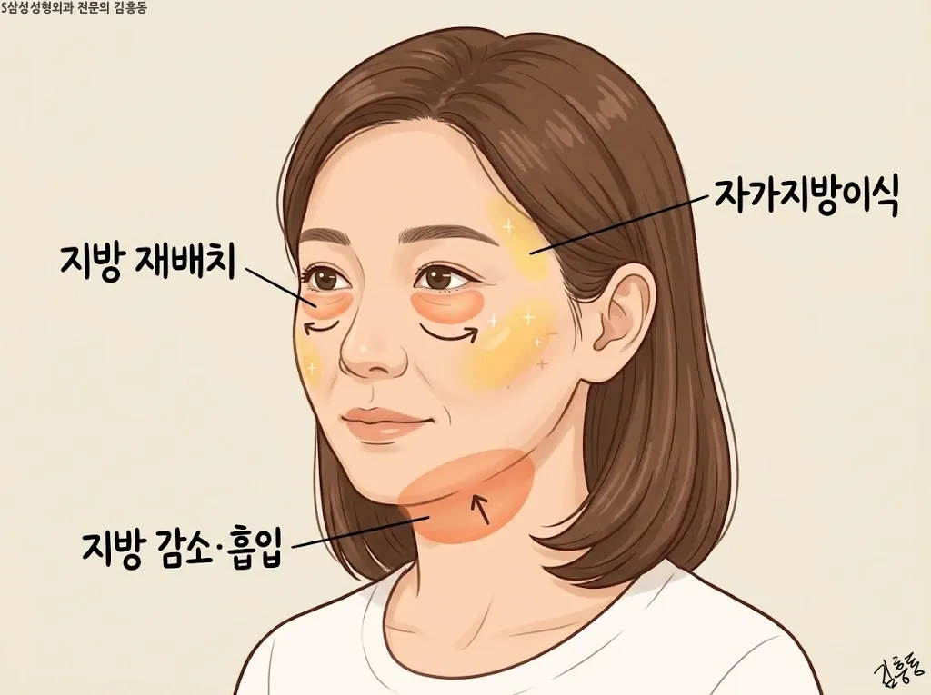 눈밑 재배치와 턱밑 감소, 얼굴 지방이식의 위치 비교