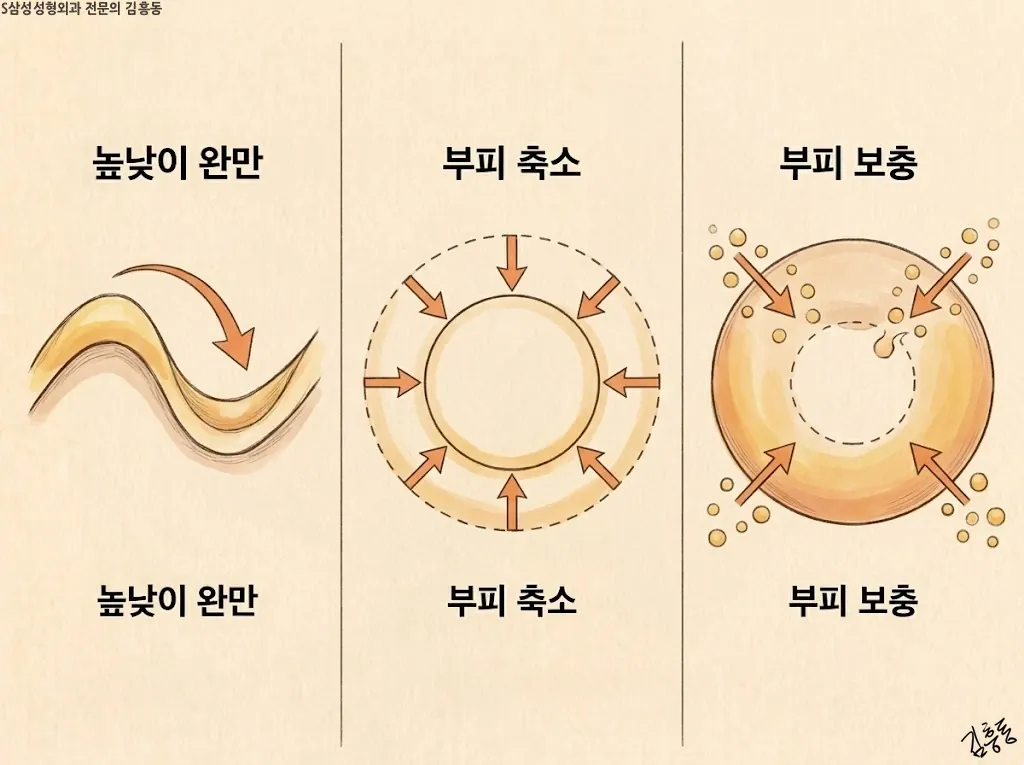 세 가지 그림 기호 일러스트, 높낮이를 고르게 하는 곡선 · 부피가 줄어드는 원 · 부피가 채워지는 원