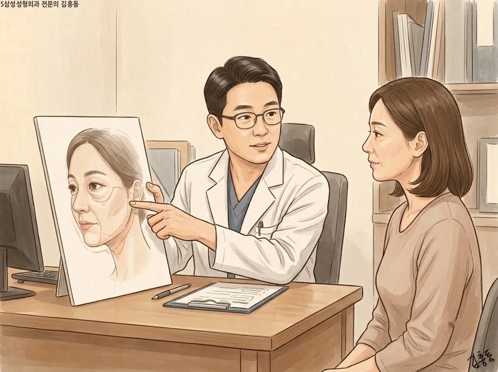진료실에서 의사가 환자의 얼굴 옆모습 그림에 위치와 경계를 손으로 짚어 보이는 상담 장면 일러스트
